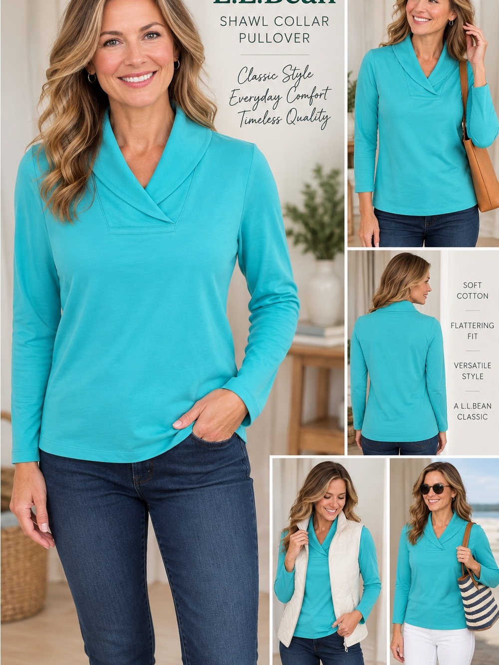 L.L. Bean Teal Shawl-Collar Long Sleeve Top size M.  NWT